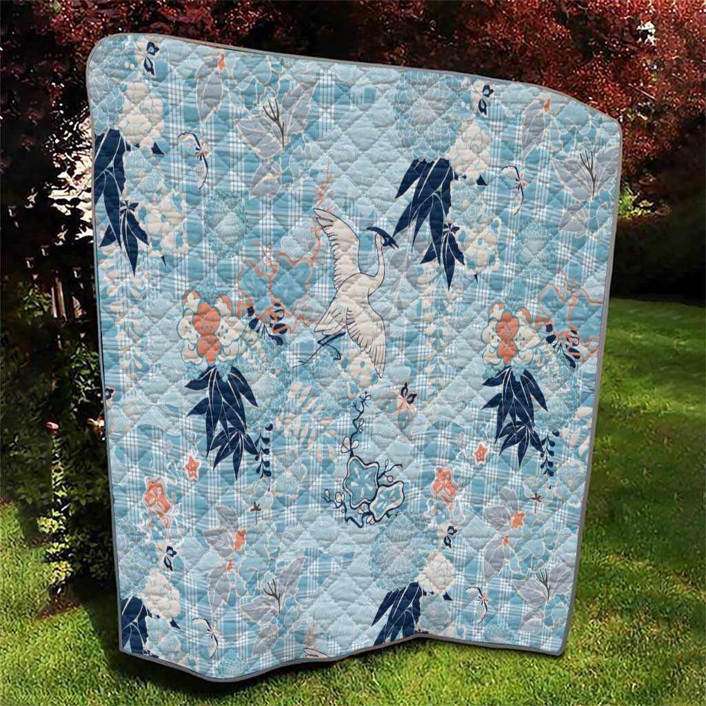 Blue Palaka Crane and Flowers Quilt Japan Heritage Spirit - Polynesian Pride