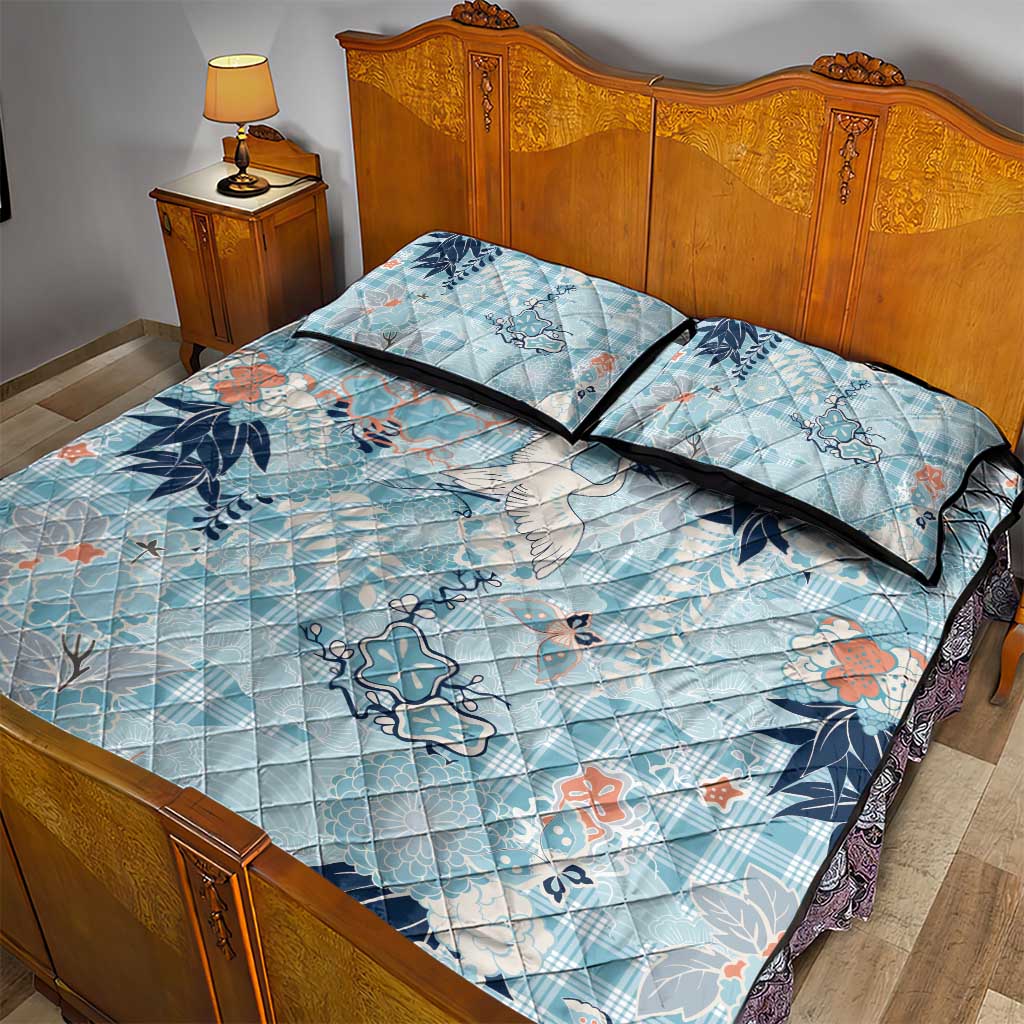 Blue Palaka Crane and Flowers Quilt Bed Set Japan Heritage Spirit - Polynesian Pride
