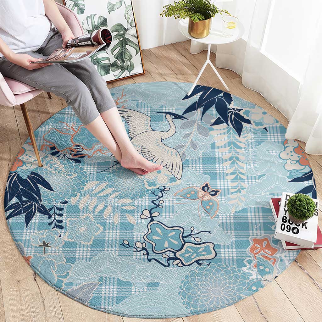 Blue Palaka Crane and Flowers Round Carpet Japan Heritage Spirit - Polynesian Pride