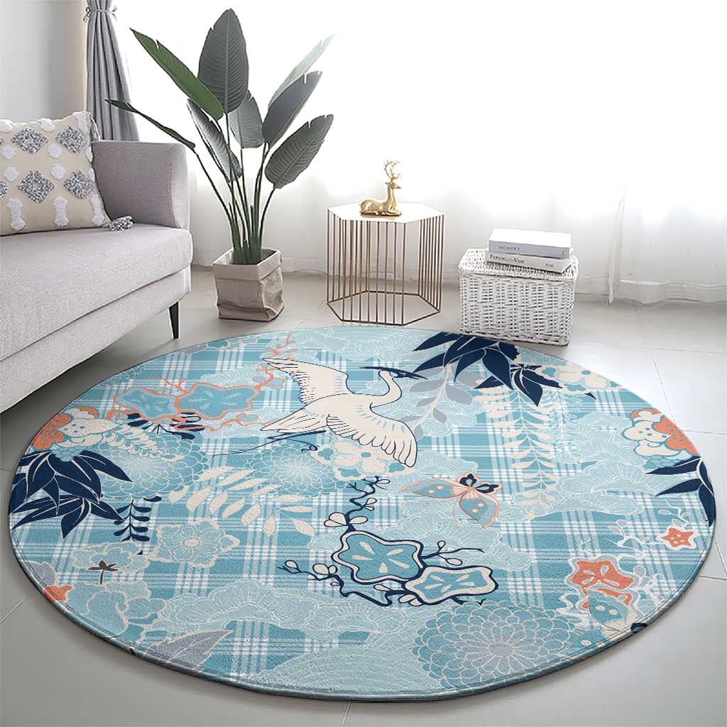 Blue Palaka Crane and Flowers Round Carpet Japan Heritage Spirit - Polynesian Pride