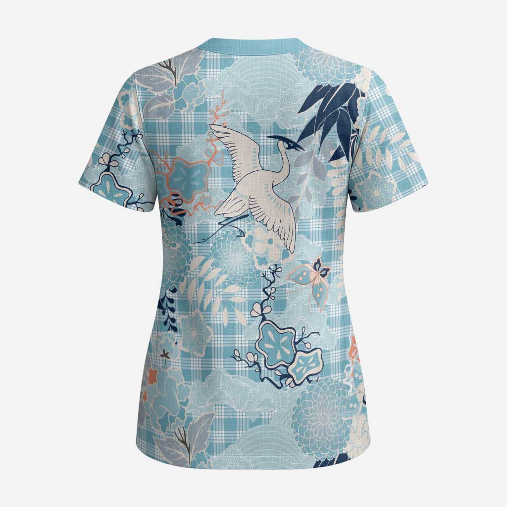 Blue Palaka Crane and Flowers Scrub Top Japan Heritage Spirit - Polynesian Pride