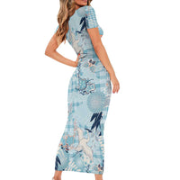 Blue Palaka Crane and Flowers Short Sleeve Bodycon Dress Japan Heritage Spirit - Polynesian Pride