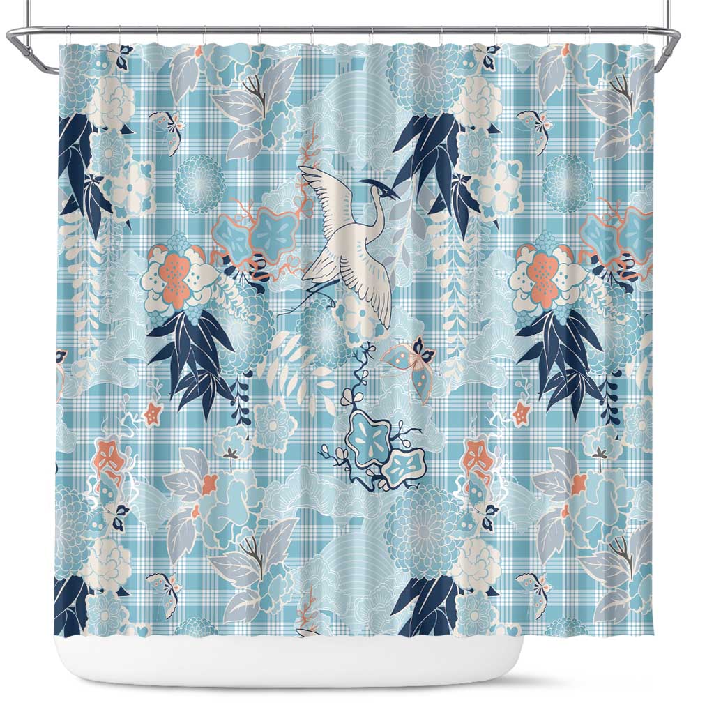 Blue Palaka Crane and Flowers Shower Curtain Japan Heritage Spirit - Polynesian Pride