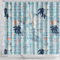 Blue Palaka Crane and Flowers Shower Curtain Japan Heritage Spirit - Polynesian Pride