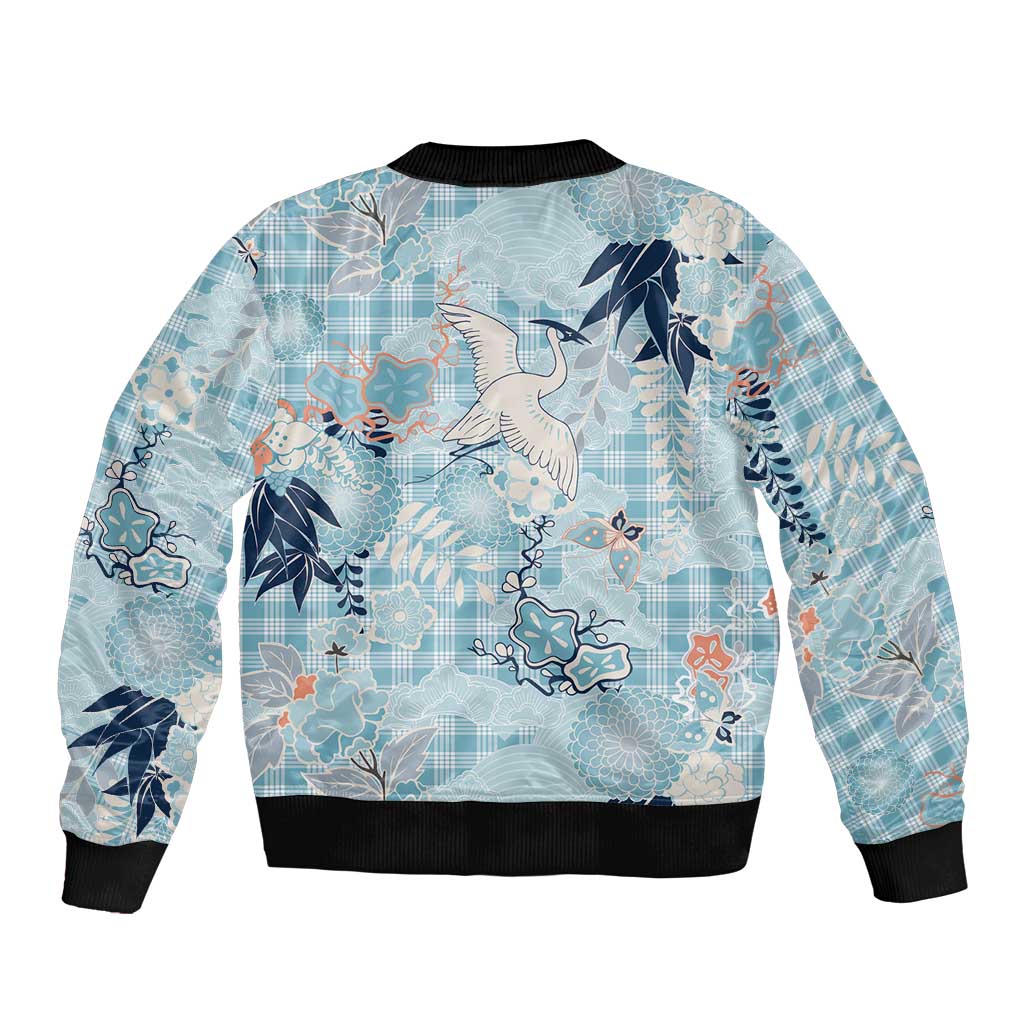 Blue Palaka Crane and Flowers Sleeve Zip Bomber Jacket Japan Heritage Spirit - Polynesian Pride