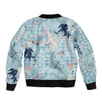 Blue Palaka Crane and Flowers Sleeve Zip Bomber Jacket Japan Heritage Spirit - Polynesian Pride