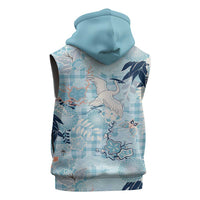 Blue Palaka Crane and Flowers Sleeveless Hoodie Japan Heritage Spirit - Polynesian Pride