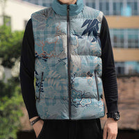 Blue Palaka Crane and Flowers Sleeveless Puffer Jacket Japan Heritage Spirit - Polynesian Pride