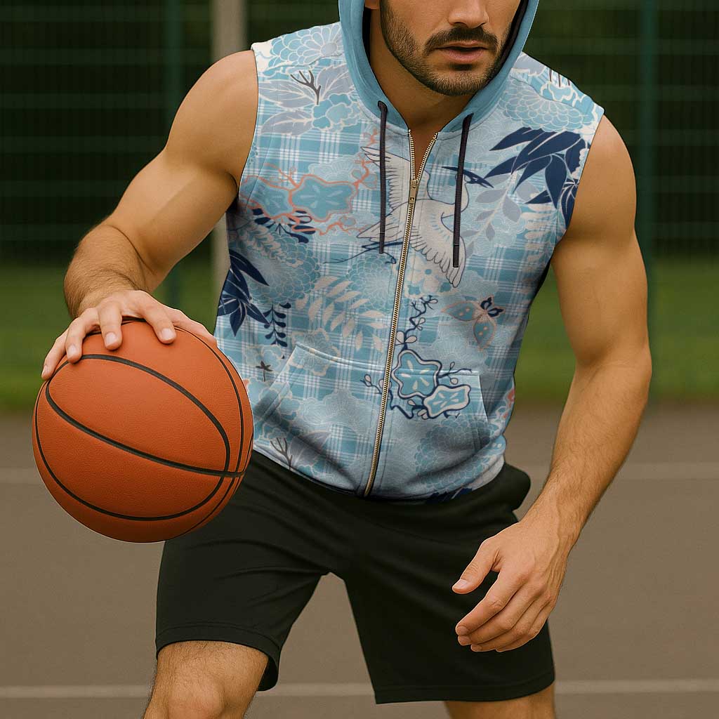 Blue Palaka Crane and Flowers Sleeveless Zip Hoodie Japan Heritage Spirit - Polynesian Pride