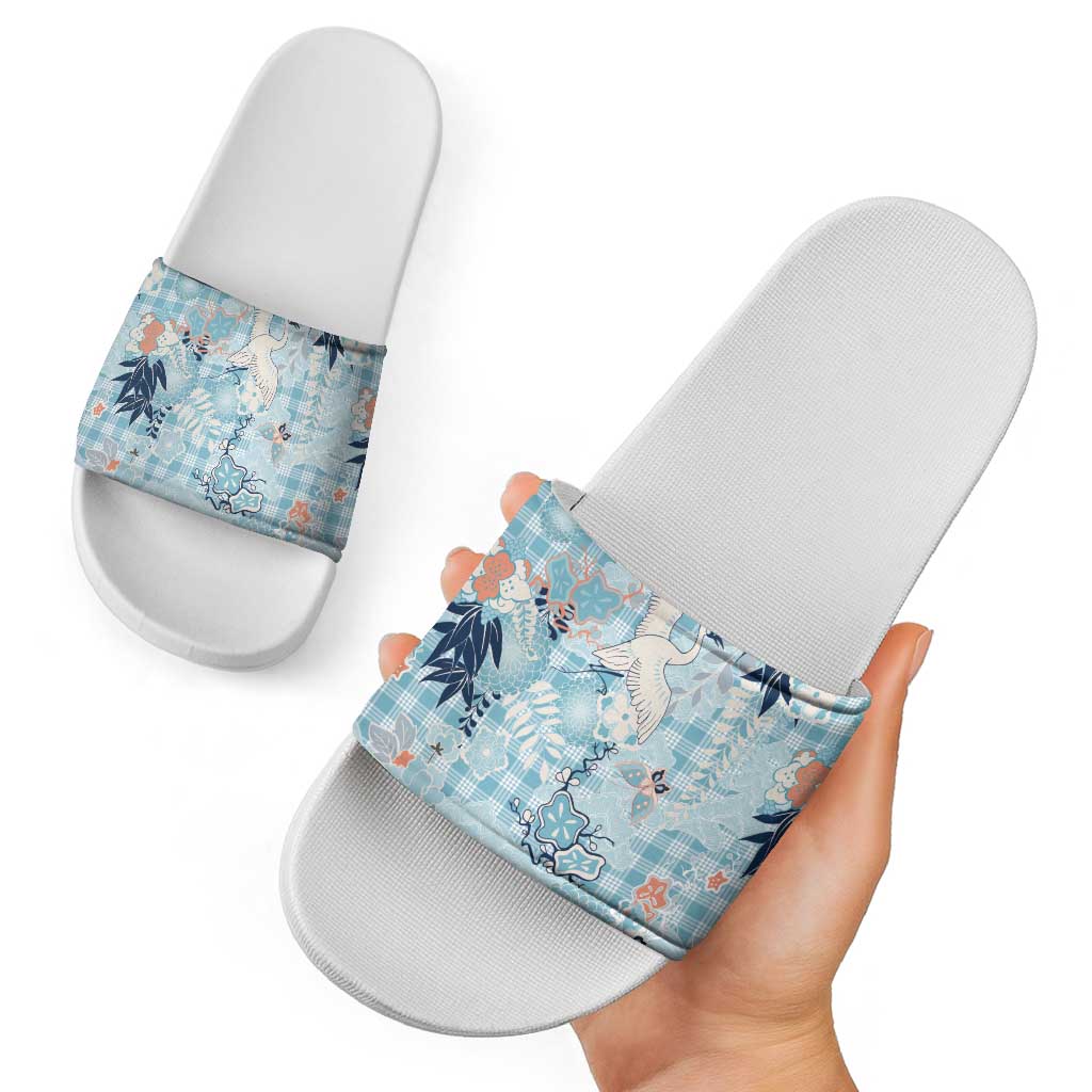 Blue Palaka Crane and Flowers Slide Sandals Japan Heritage Spirit - Polynesian Pride