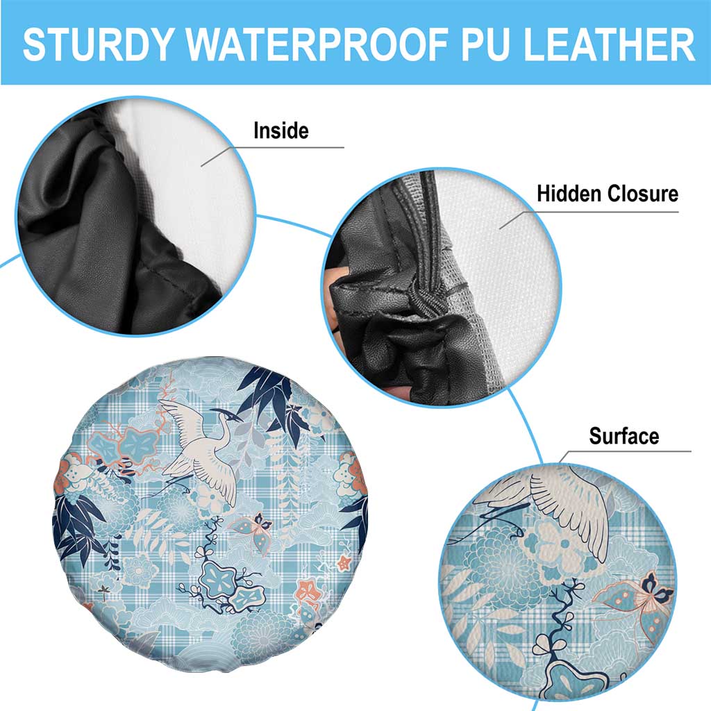 Blue Palaka Crane and Flowers Spare Tire Cover Japan Heritage Spirit - Polynesian Pride