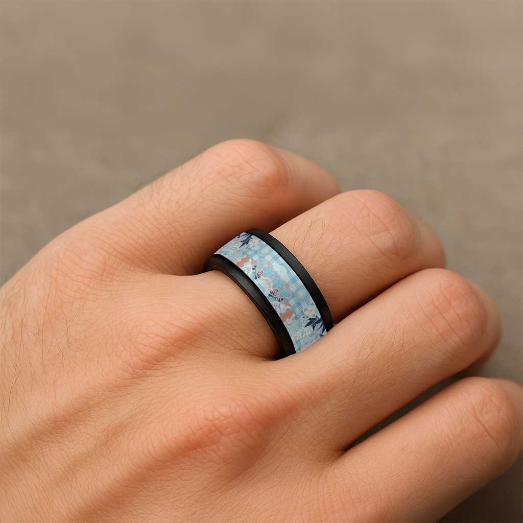 Blue Palaka Crane and Flowers Spinner Ring Japan Heritage Spirit - Polynesian Pride