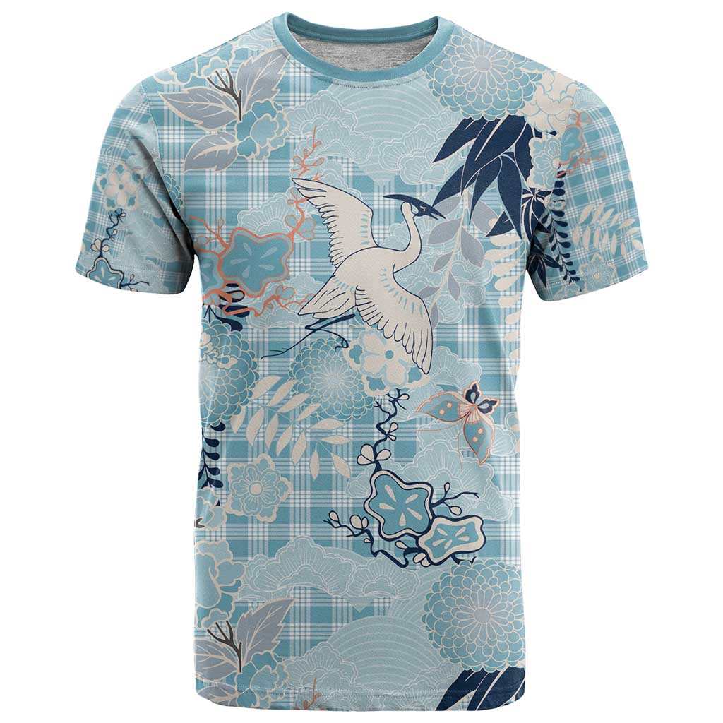 Blue Palaka Crane and Flowers T Shirt Japan Heritage Spirit - Polynesian Pride