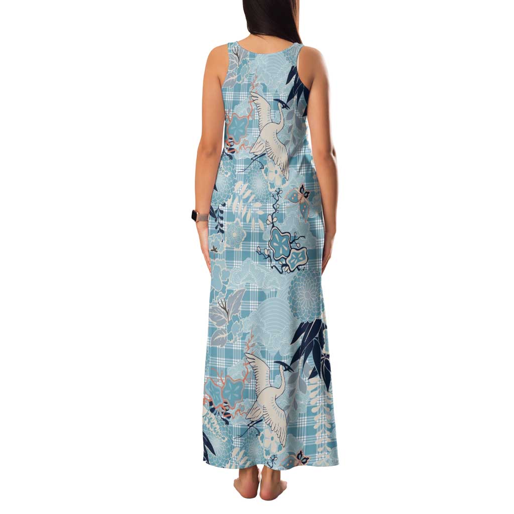 Blue Palaka Crane and Flowers Tank Maxi Dress Japan Heritage Spirit - Polynesian Pride