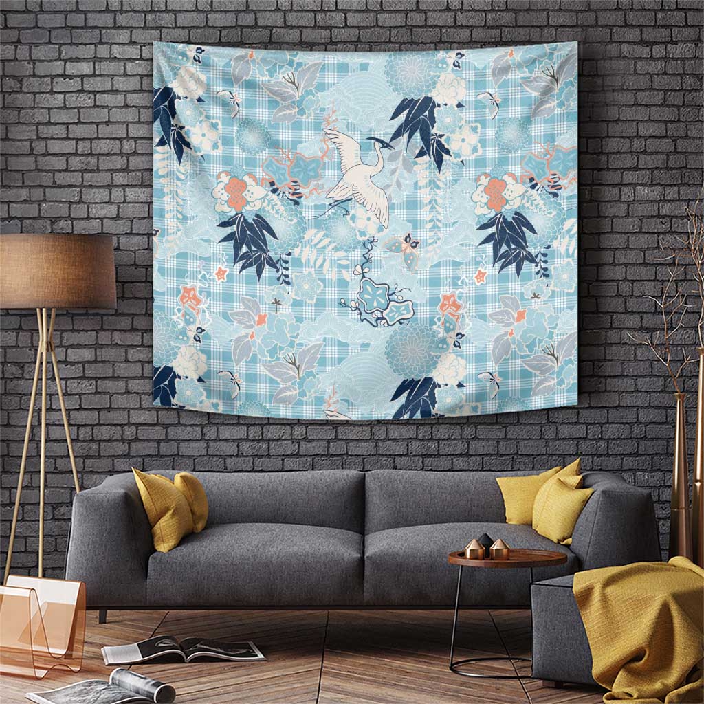 Blue Palaka Crane and Flowers Tapestry Japan Heritage Spirit - Polynesian Pride