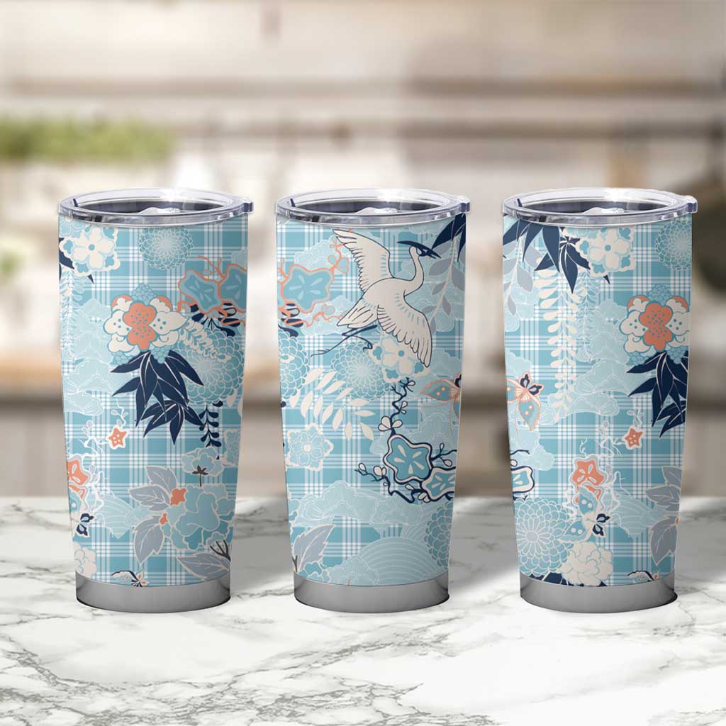 Blue Palaka Crane and Flowers Tumbler Cup Japan Heritage Spirit - Polynesian Pride