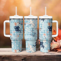 Blue Palaka Crane and Flowers Tumbler With Handle Japan Heritage Spirit - Polynesian Pride