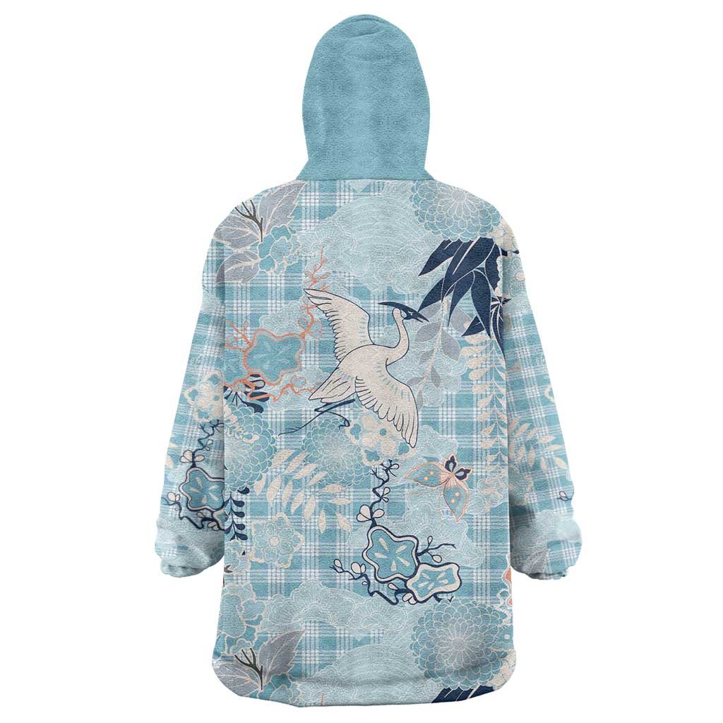 Blue Palaka Crane and Flowers Wearable Blanket Hoodie Japan Heritage Spirit - Polynesian Pride