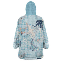 Blue Palaka Crane and Flowers Wearable Blanket Hoodie Japan Heritage Spirit - Polynesian Pride