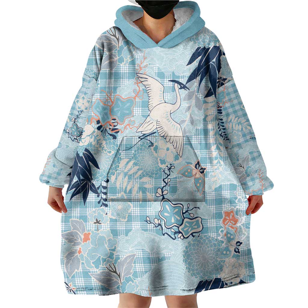 Blue Palaka Crane and Flowers Wearable Blanket Hoodie Japan Heritage Spirit - Polynesian Pride