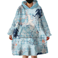 Blue Palaka Crane and Flowers Wearable Blanket Hoodie Japan Heritage Spirit - Polynesian Pride