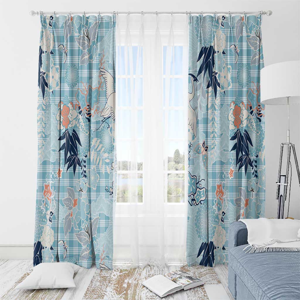 Blue Palaka Crane and Flowers Window Curtain Japan Heritage Spirit - Polynesian Pride