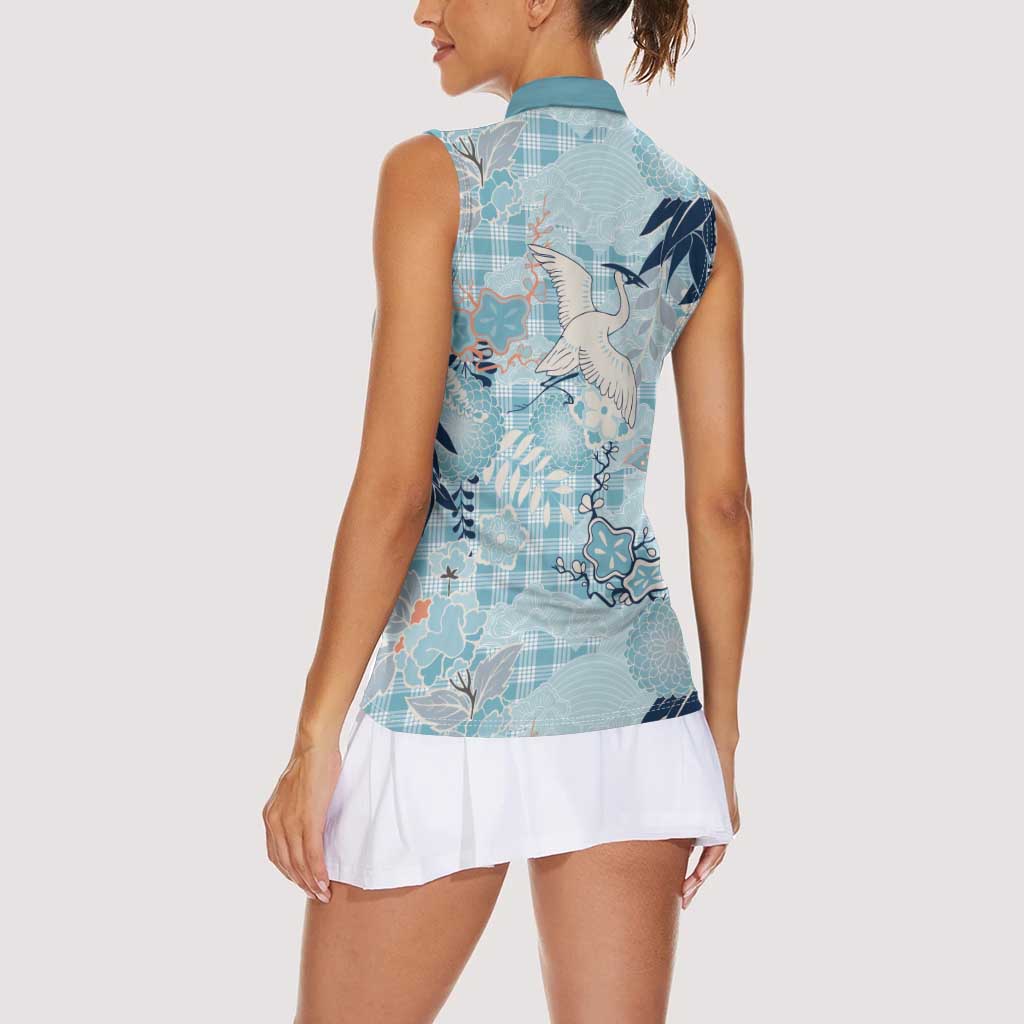 Blue Palaka Crane and Flowers Women Sleeveless Polo Shirt Japan Heritage Spirit - Polynesian Pride