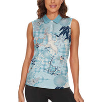 Blue Palaka Crane and Flowers Women Sleeveless Polo Shirt Japan Heritage Spirit - Polynesian Pride