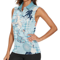 Blue Palaka Crane and Flowers Women Sleeveless Polo Shirt Japan Heritage Spirit - Polynesian Pride