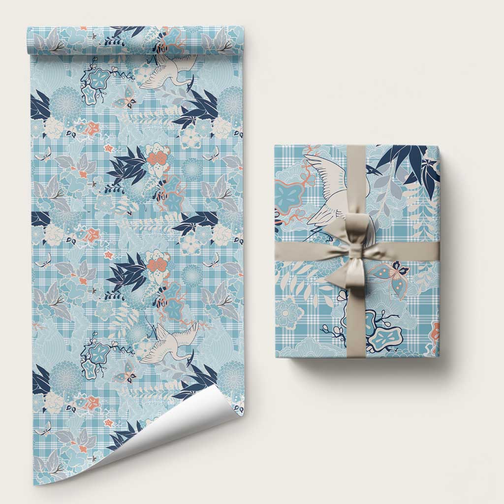 Blue Palaka Crane and Flowers Wrapping Paper Japan Heritage Spirit - Polynesian Pride
