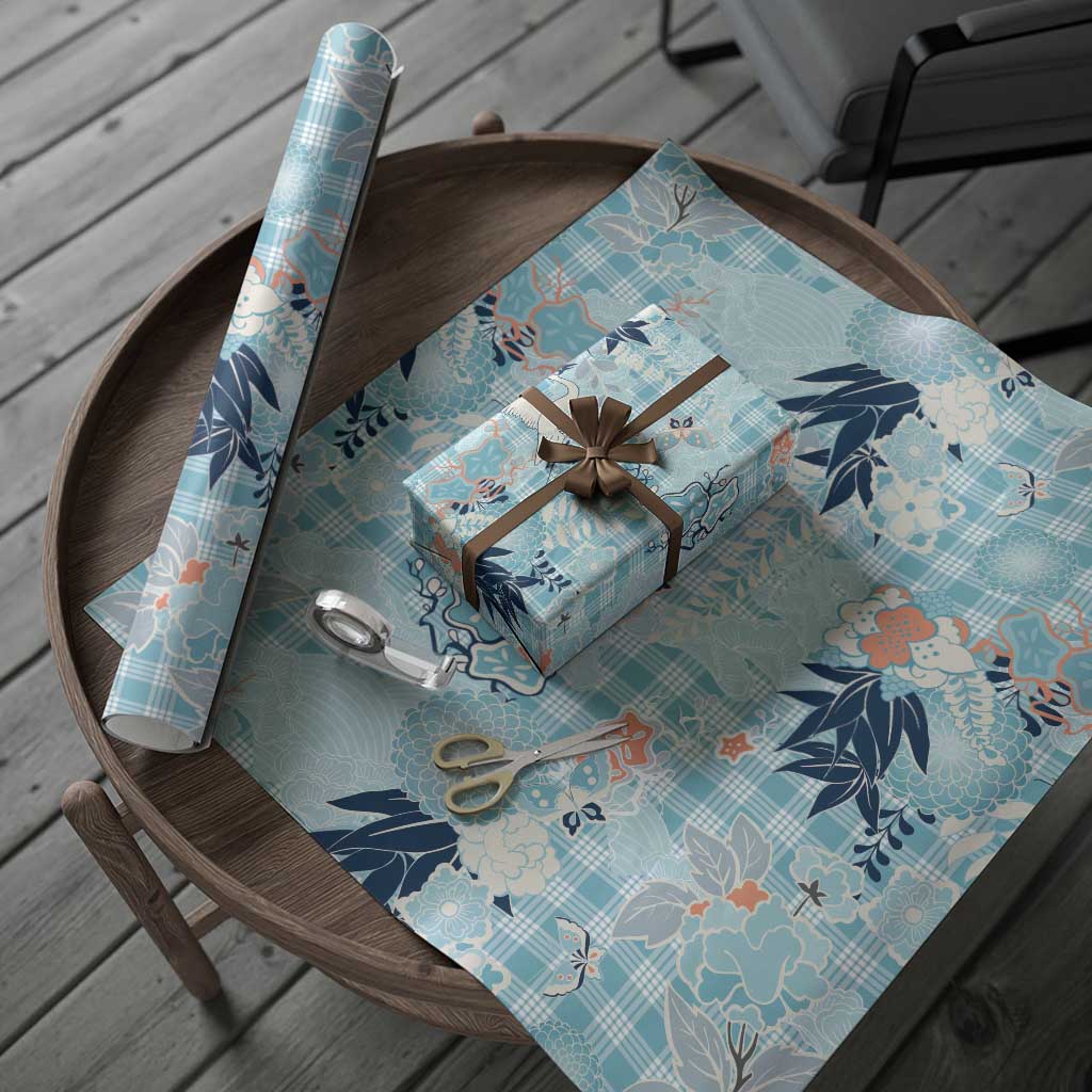Blue Palaka Crane and Flowers Wrapping Paper Japan Heritage Spirit - Polynesian Pride