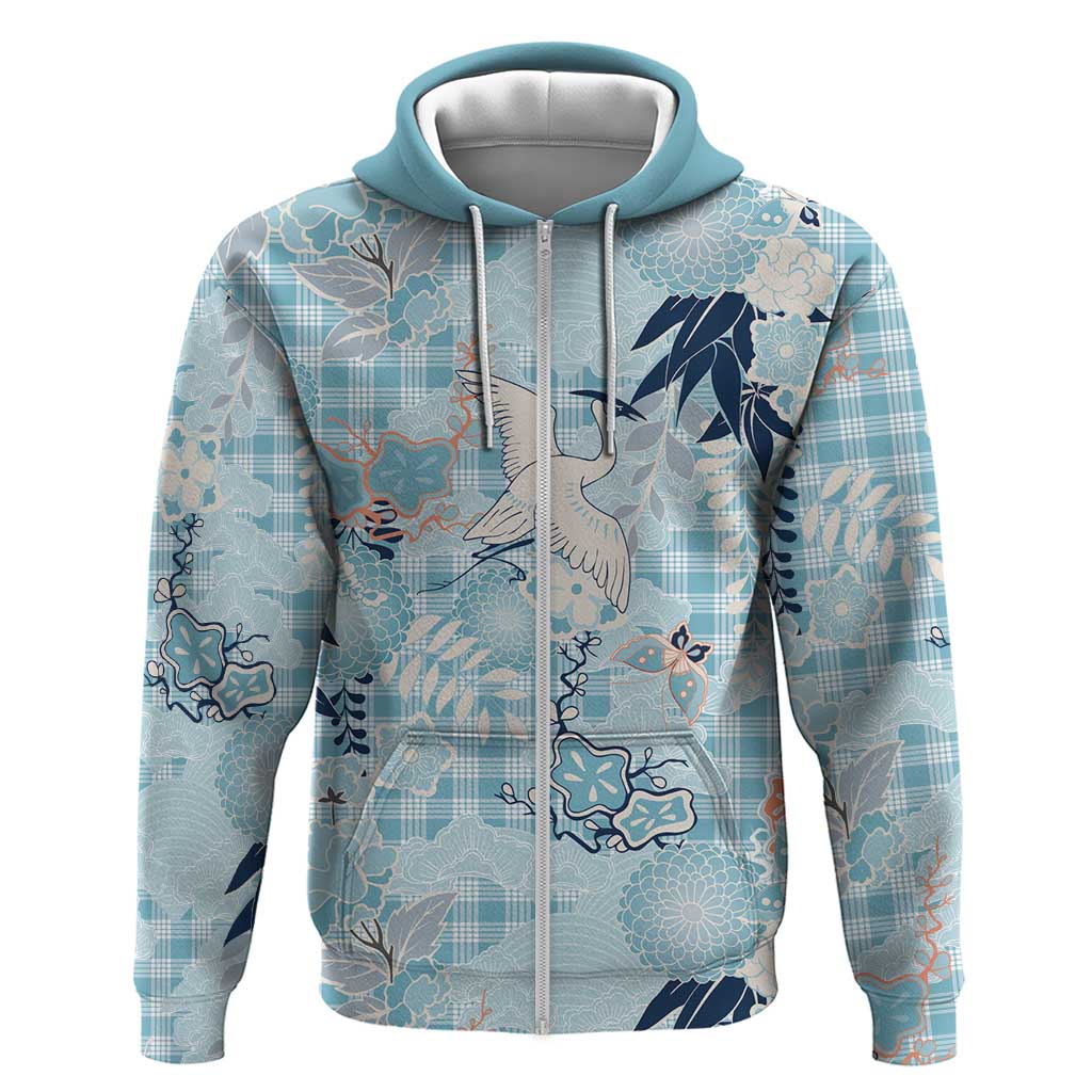 Blue Palaka Crane and Flowers Zip Hoodie Japan Heritage Spirit - Polynesian Pride