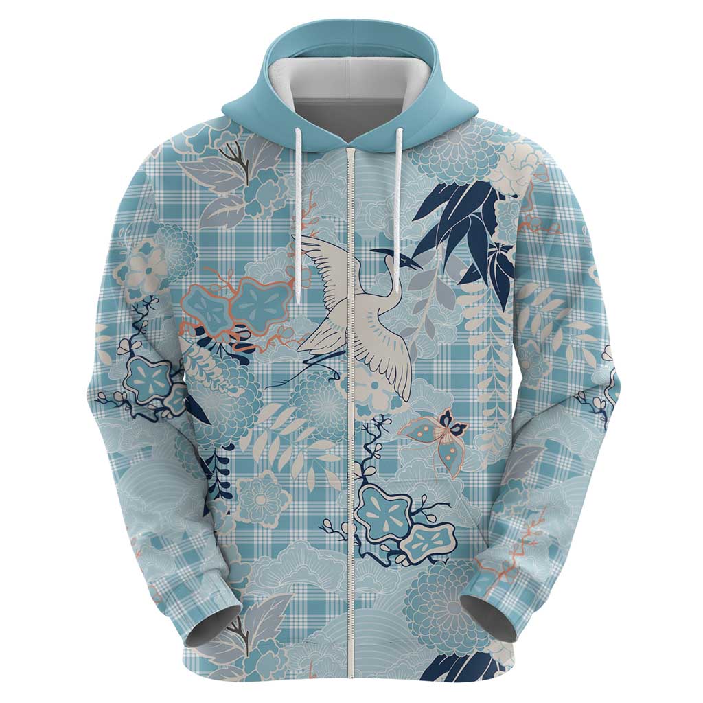 Blue Palaka Crane and Flowers Zip Hoodie Japan Heritage Spirit - Polynesian Pride