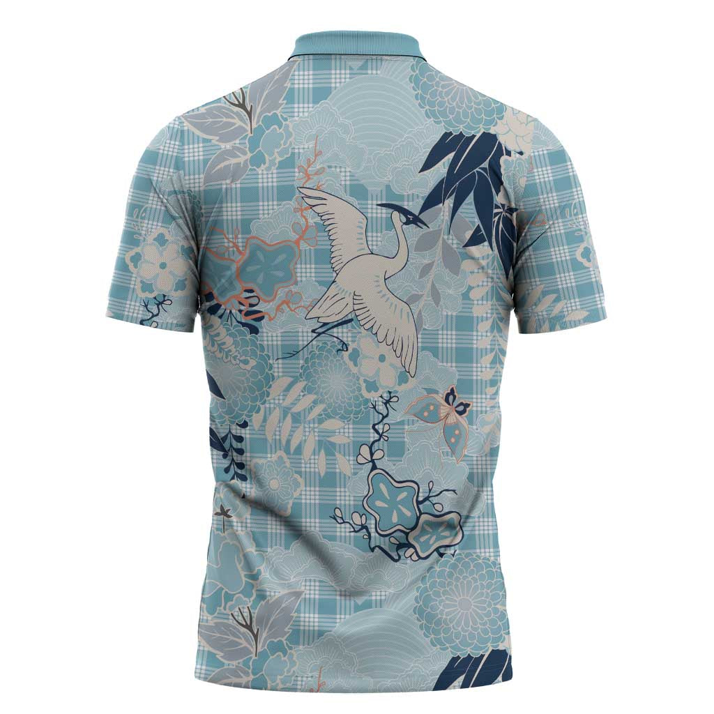 Blue Palaka Crane and Flowers Zipper Polo Shirt Japan Heritage Spirit - Polynesian Pride
