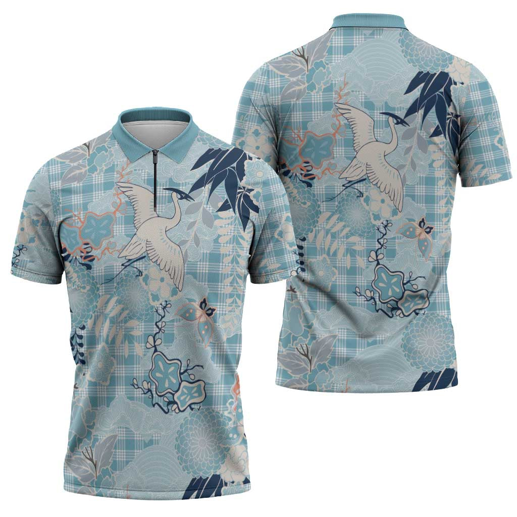 Blue Palaka Crane and Flowers Zipper Polo Shirt Japan Heritage Spirit - Polynesian Pride