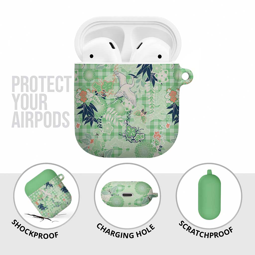 Green Palaka Crane and Flowers AirPods Case Japan Heritage Spirit - Polynesian Pride