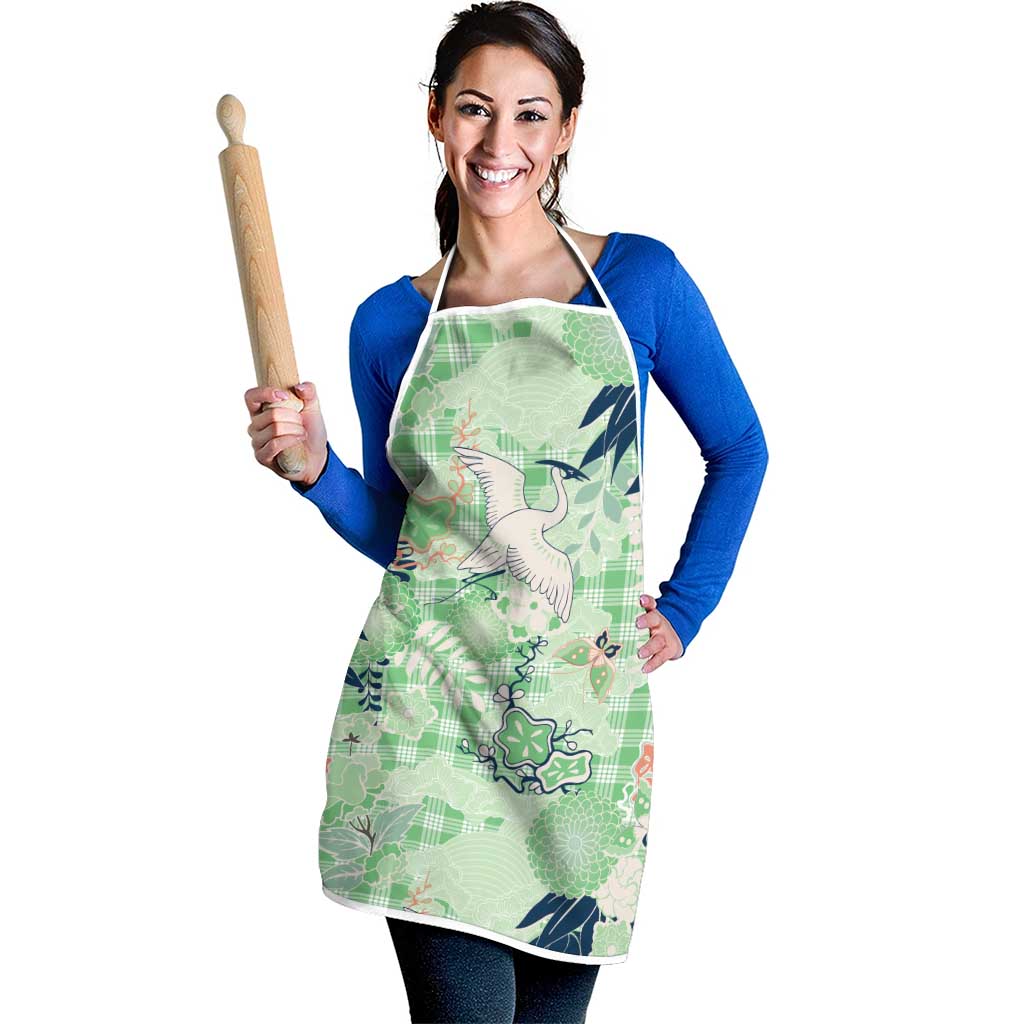 Green Palaka Crane and Flowers Apron Japan Heritage Spirit - Polynesian Pride