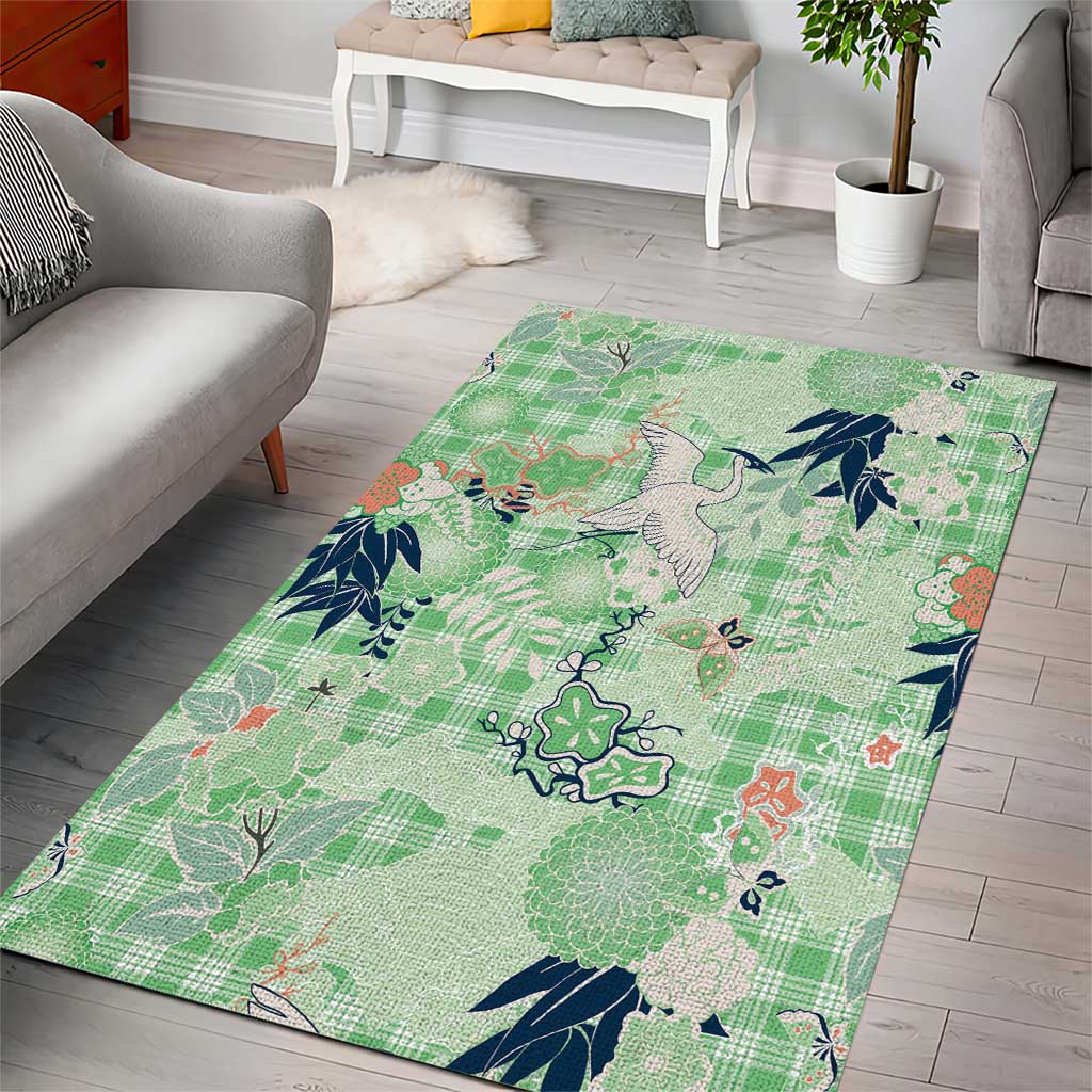 Green Palaka Crane and Flowers Area Rug Japan Heritage Spirit - Polynesian Pride