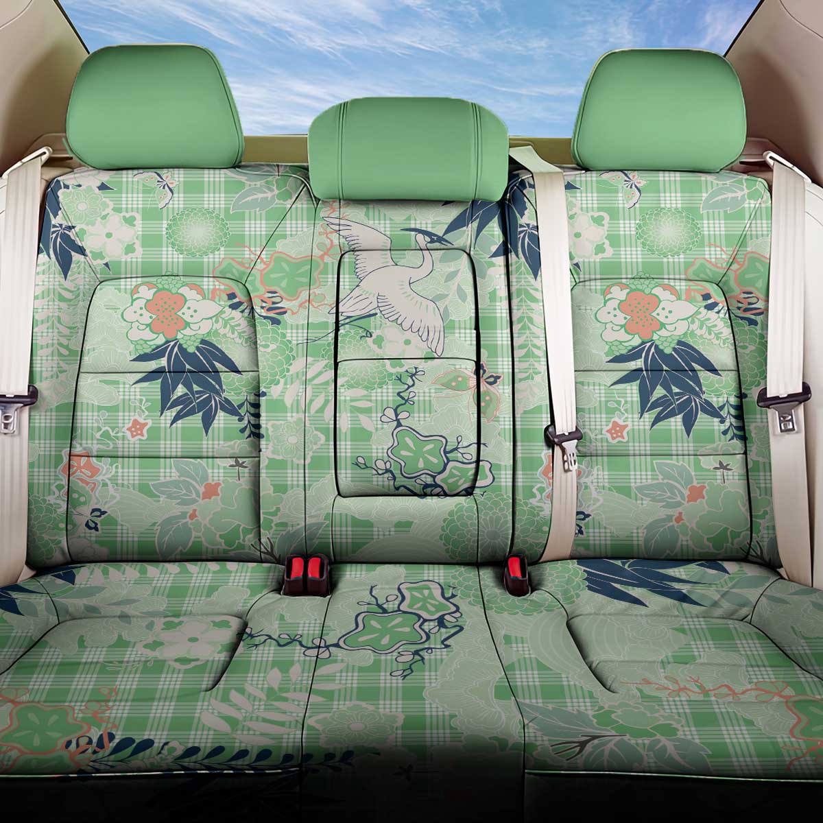 Green Palaka Crane and Flowers Back Car Seat Cover Japan Heritage Spirit - Polynesian Pride