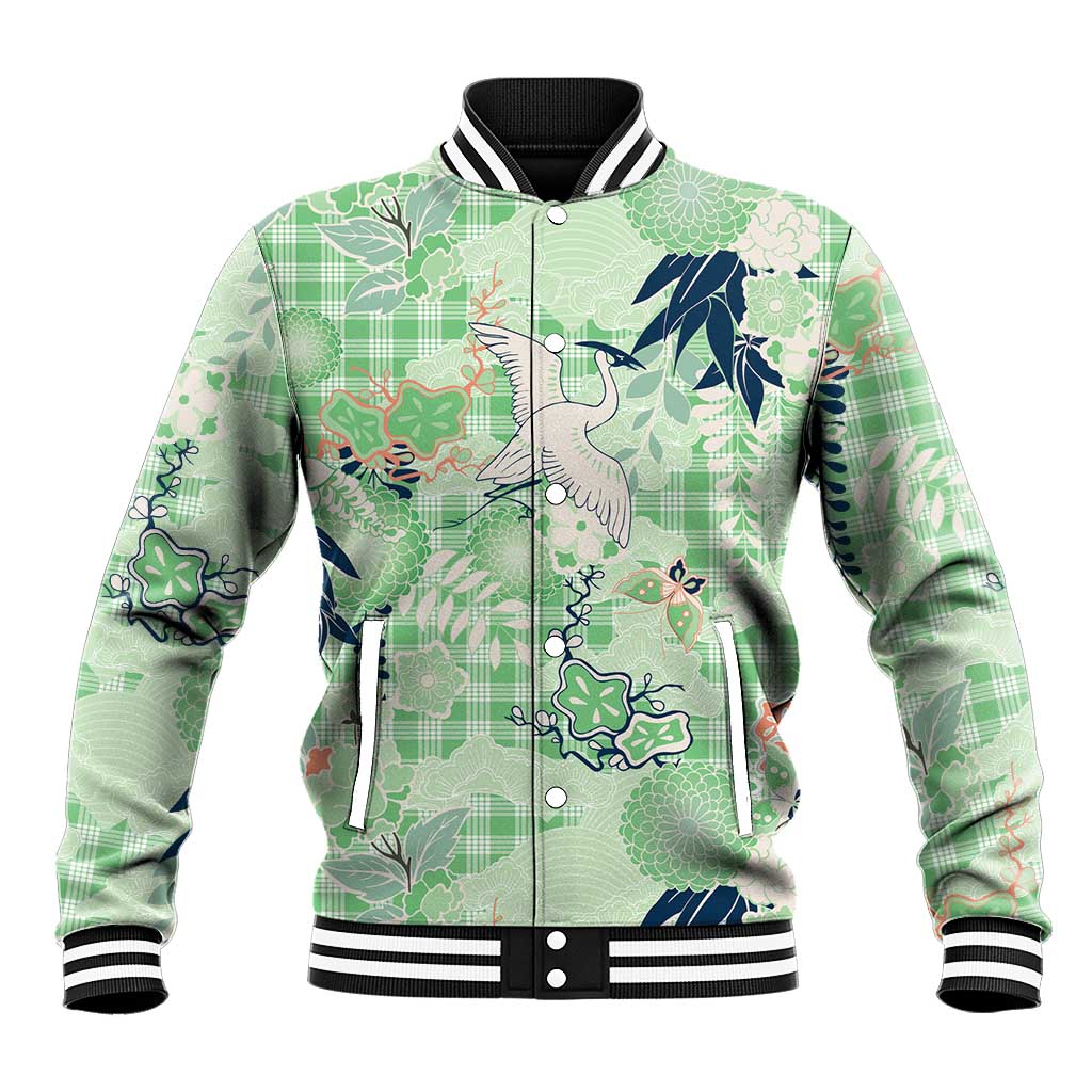 Green Palaka Crane and Flowers Baseball Jacket Japan Heritage Spirit - Polynesian Pride