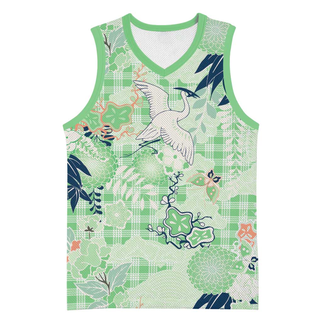 Green Palaka Crane and Flowers Basketball Jersey Japan Heritage Spirit - Polynesian Pride