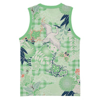 Green Palaka Crane and Flowers Basketball Jersey Japan Heritage Spirit - Polynesian Pride