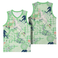 Green Palaka Crane and Flowers Basketball Jersey Japan Heritage Spirit - Polynesian Pride