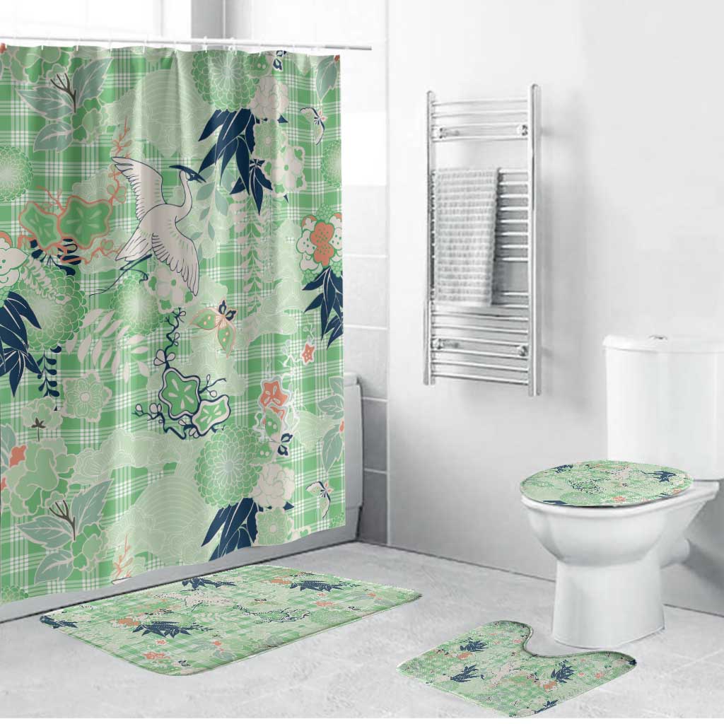 Green Palaka Crane and Flowers Bathroom Set Japan Heritage Spirit - Polynesian Pride