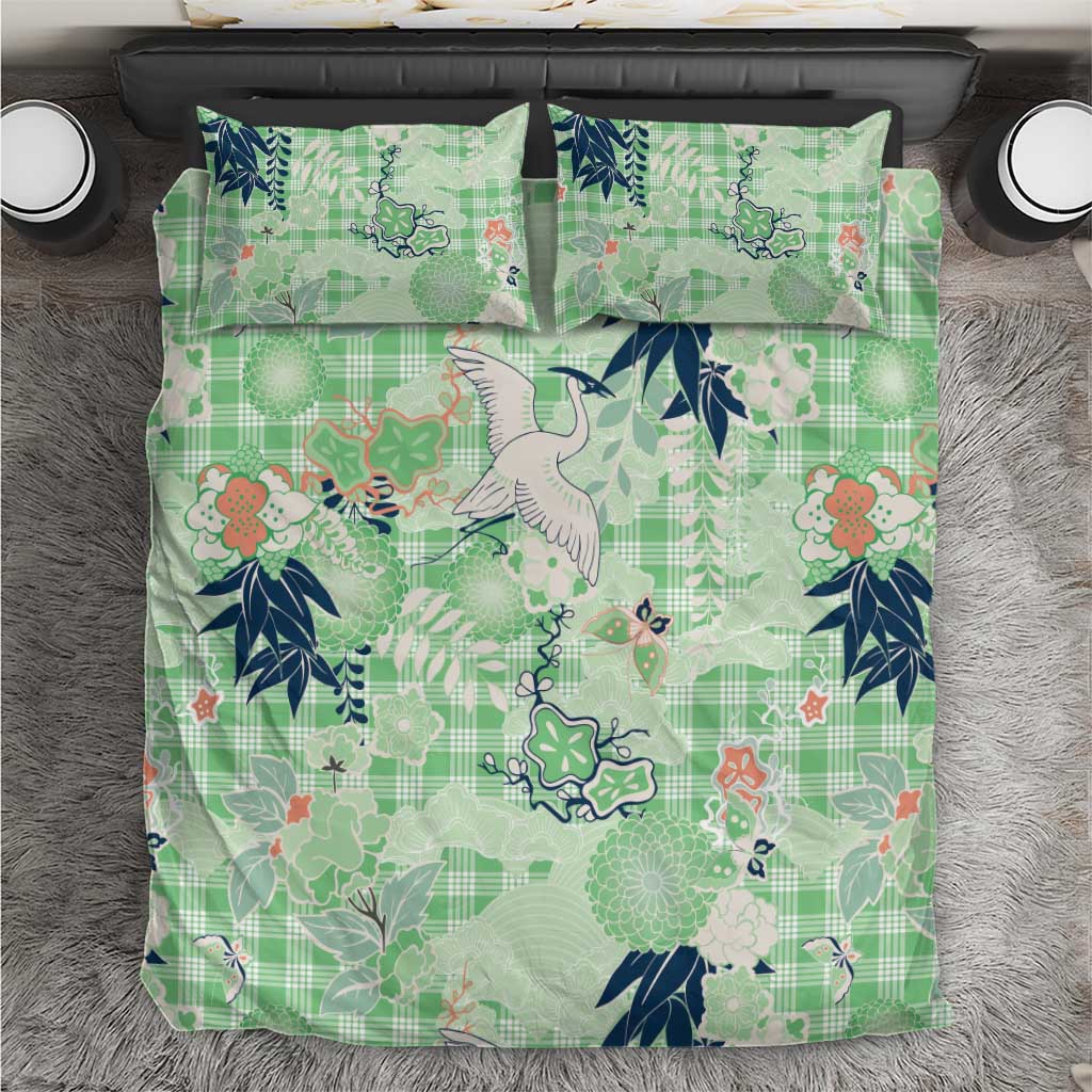 Green Palaka Crane and Flowers Bedding Set Japan Heritage Spirit - Polynesian Pride