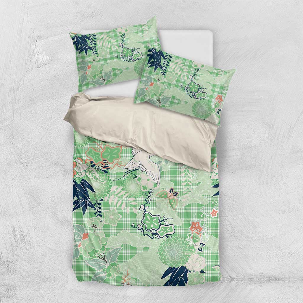 Green Palaka Crane and Flowers Bedding Set Japan Heritage Spirit - Polynesian Pride