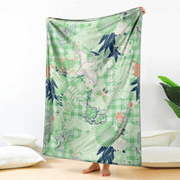 Green Palaka Crane and Flowers Blanket Japan Heritage Spirit - Polynesian Pride