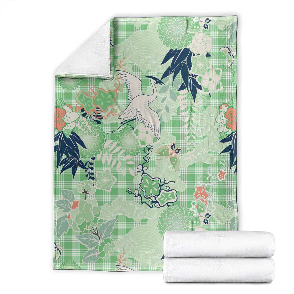 Green Palaka Crane and Flowers Blanket Japan Heritage Spirit - Polynesian Pride