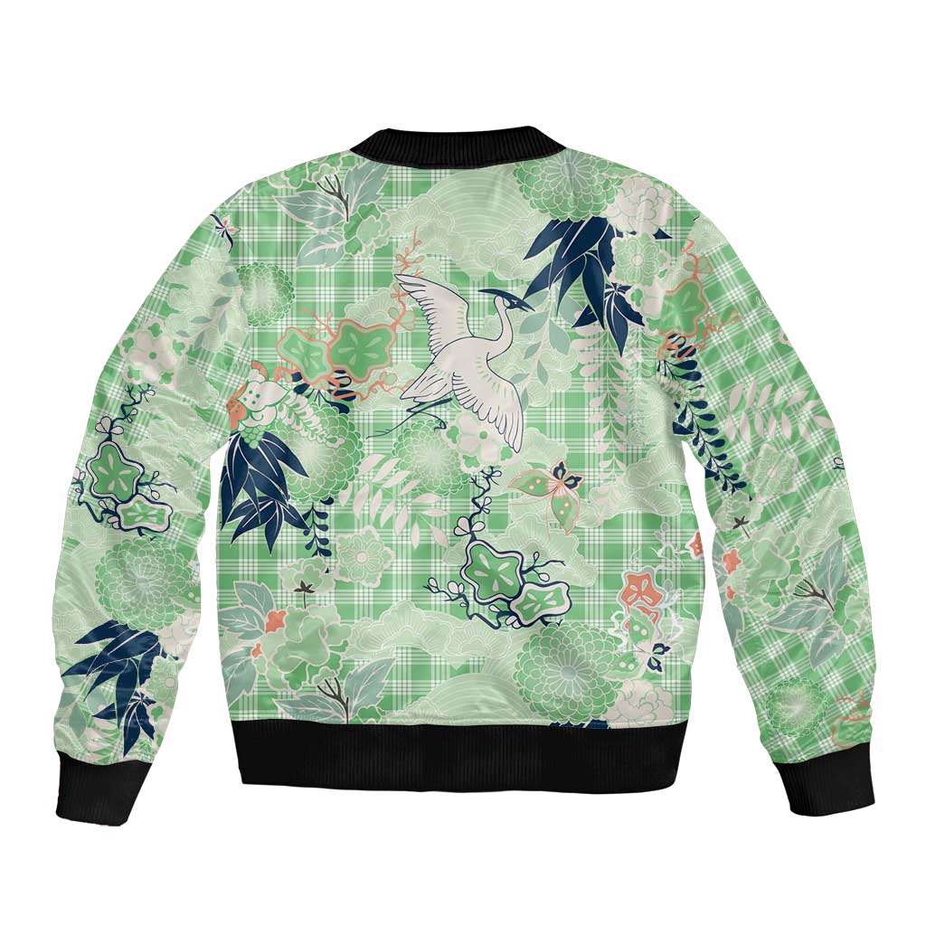 Green Palaka Crane and Flowers Bomber Jacket Japan Heritage Spirit - Polynesian Pride