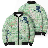 Green Palaka Crane and Flowers Bomber Puffer Jacket Japan Heritage Spirit - Polynesian Pride